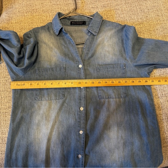Zilcremo Women Denim Button Down Shirt Dress Long Sleeve Distressed Jean Sz L - Picture 14 of 15